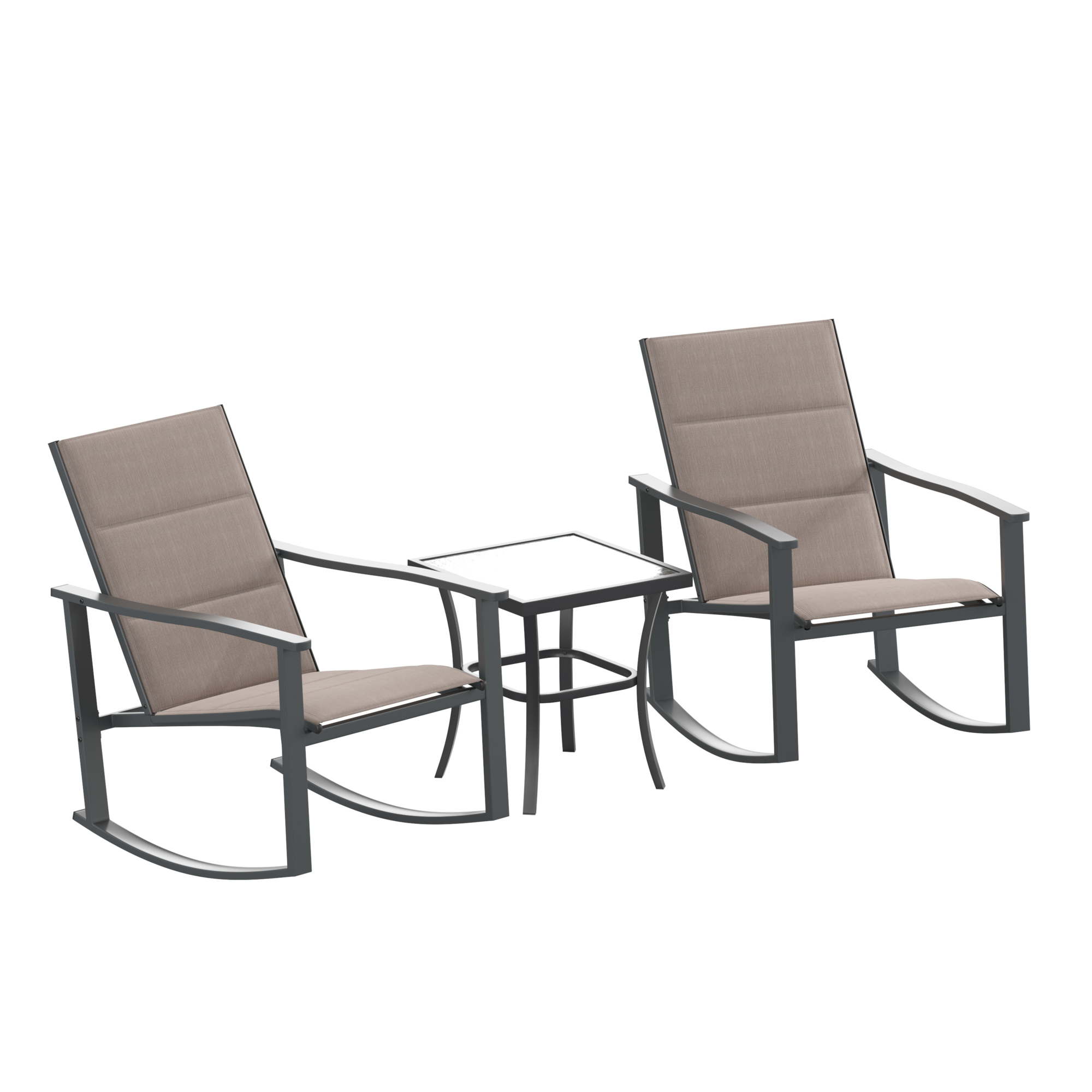 Flash Furniture, Brown 3 Piece Rocking Chair and Side Table Set, Pieces (qty.) 3 Primary Color Brown, Seating Capacity 2 Model# FVFSC2315BRN